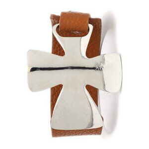 BOLD SILVER CROSS BRACELET ON TAN LEATHER STRAP--CLOSEOUT, BUY NOW!